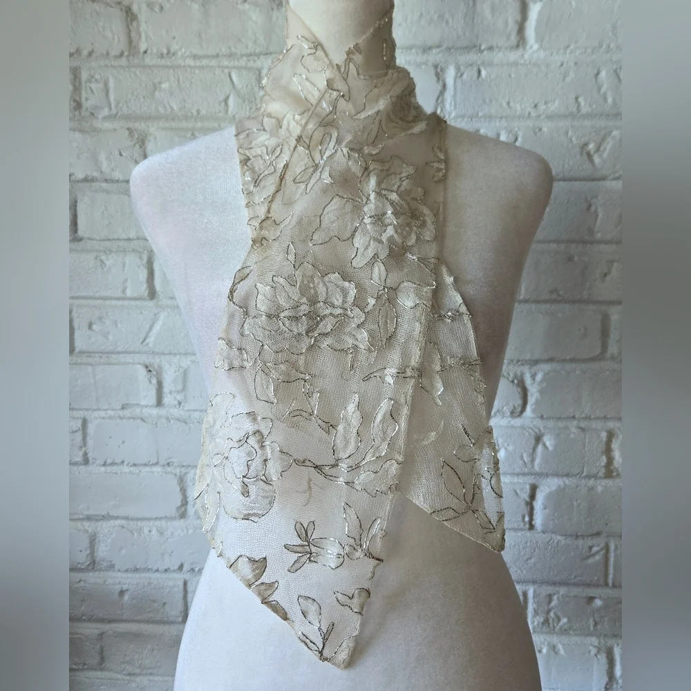 Vintage Ivory + Silver Floral Lace Scarf, Party, Bridal, Wrap